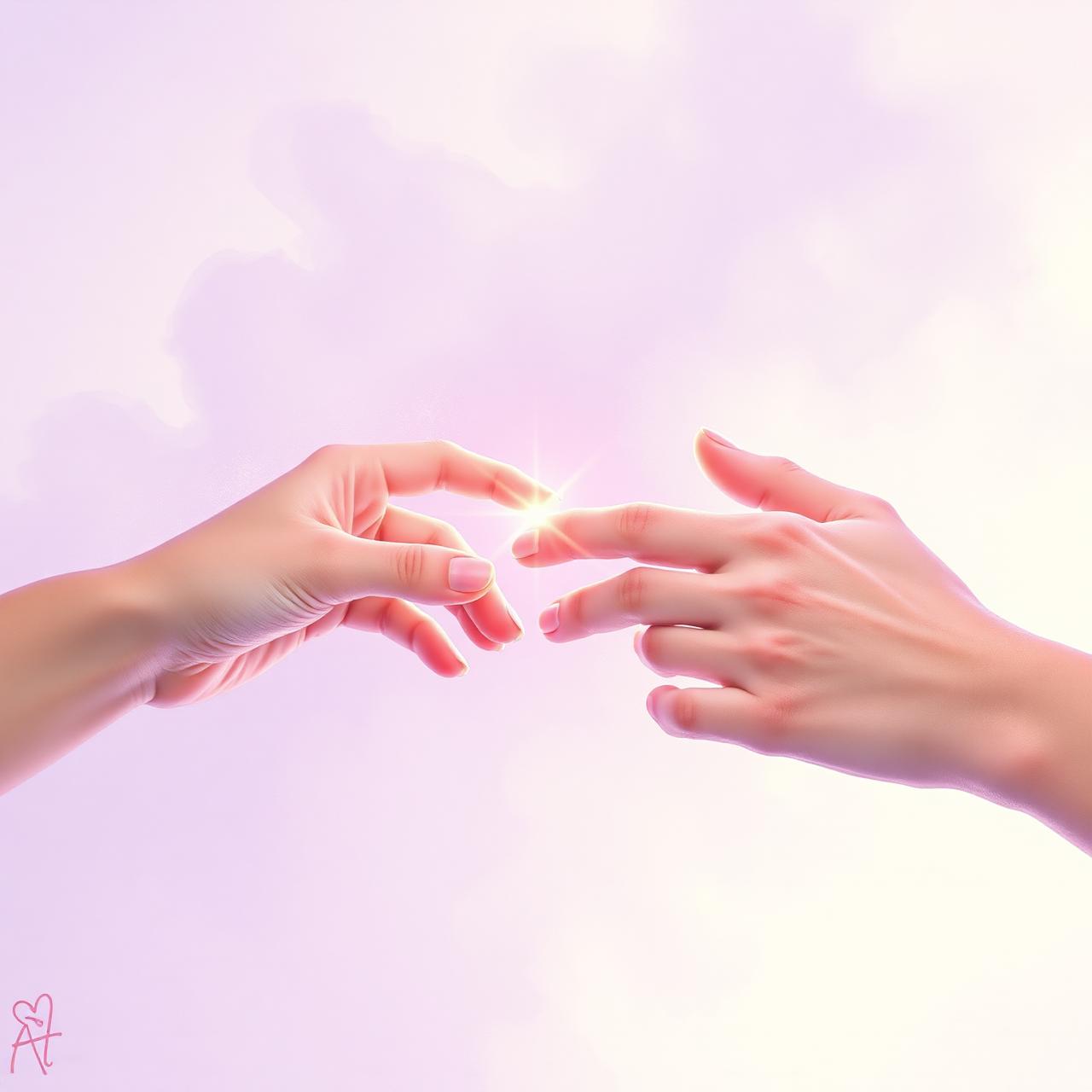 Two hands reaching toward each other in soft light.